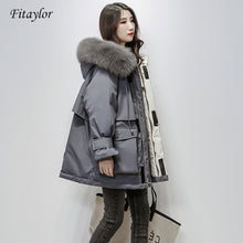 Load image into Gallery viewer, Fitaylor Large Natural Fox Fur Hooded Winter Jacket Women 90% White Duck Down Thick Parkas Warm Sash Tie Up Snow Coat