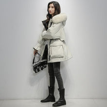 Load image into Gallery viewer, Fitaylor Large Natural Fox Fur Hooded Winter Jacket Women 90% White Duck Down Thick Parkas Warm Sash Tie Up Snow Coat