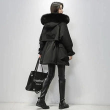 Load image into Gallery viewer, Fitaylor Large Natural Fox Fur Hooded Winter Jacket Women 90% White Duck Down Thick Parkas Warm Sash Tie Up Snow Coat