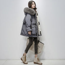 Load image into Gallery viewer, Fitaylor Large Natural Fox Fur Hooded Winter Jacket Women 90% White Duck Down Thick Parkas Warm Sash Tie Up Snow Coat