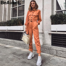 Load image into Gallery viewer, BeAvant Casual cargo cotton ladies overalls Orange sash pocket sport womens jumpsuit romper Autumn winter bomber lady jumpsuits