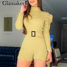 Load image into Gallery viewer, Glamaker Lurex yellow bodycon short jumpsuit O neck long puff sleeve belt elegant women jumpsuit Autumn winter sexy jumpsuit
