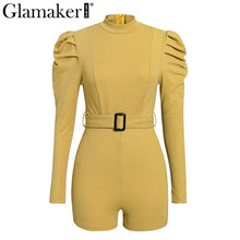 Load image into Gallery viewer, Glamaker Lurex yellow bodycon short jumpsuit O neck long puff sleeve belt elegant women jumpsuit Autumn winter sexy jumpsuit